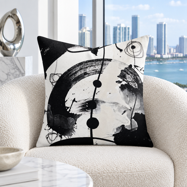 Modern Black White 2-5 pillow in cool-white Miami bayfront penthouse