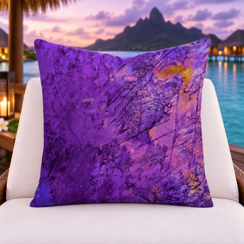 Amethyst pillow standing upright in a Bora Bora villa at twilight