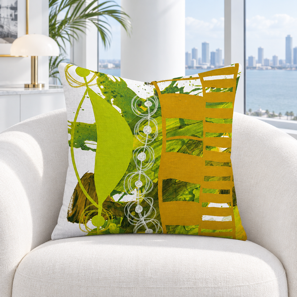 Chartreuse and Yellow Ochre 1 pillow in cool-white Miami Deco room