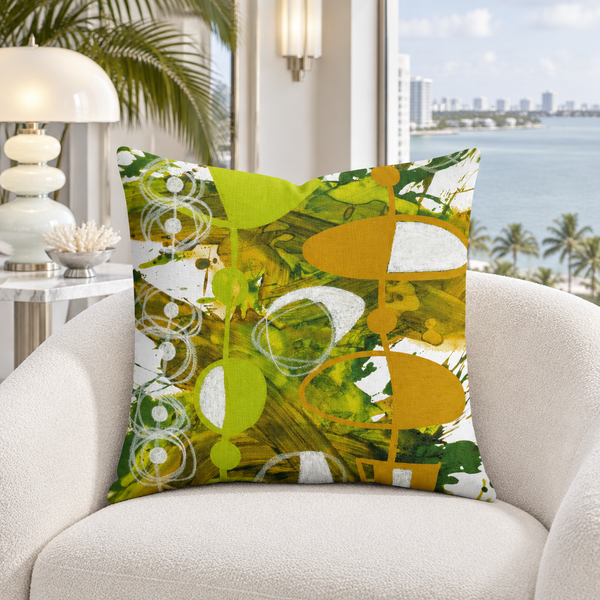 Chartreuse Yellow Ochre 3 pillow in white Miami Deco room