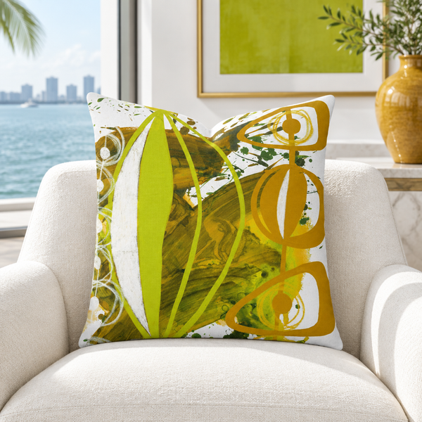 Chartreuse Yellow Ochre 4 pillow in white Miami gallery with colorful details