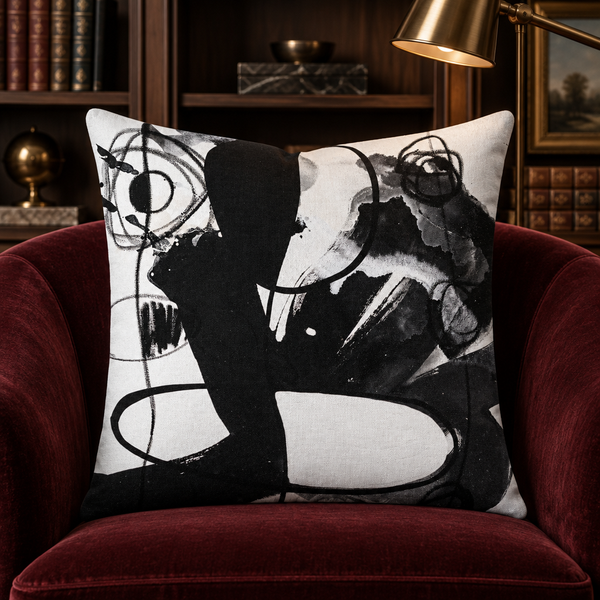 Modern Black White 2-4b-2 pillow in oxblood velvet collector library