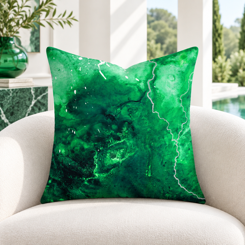 Green Energy 4 pillow in white villa with matching emerald accents