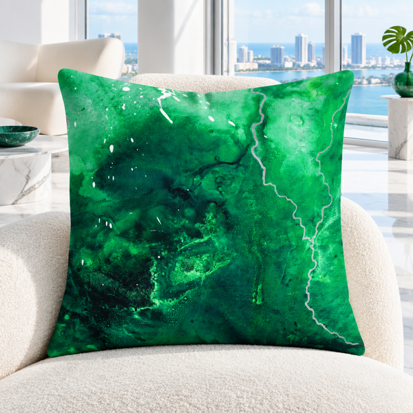 Green Energy 4 pillow upright in a bright white Miami penthouse with restrained color accents from the print