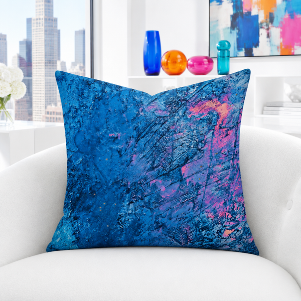 Beautiful Sky 22-inch pillow in bright white room with colorful glass details