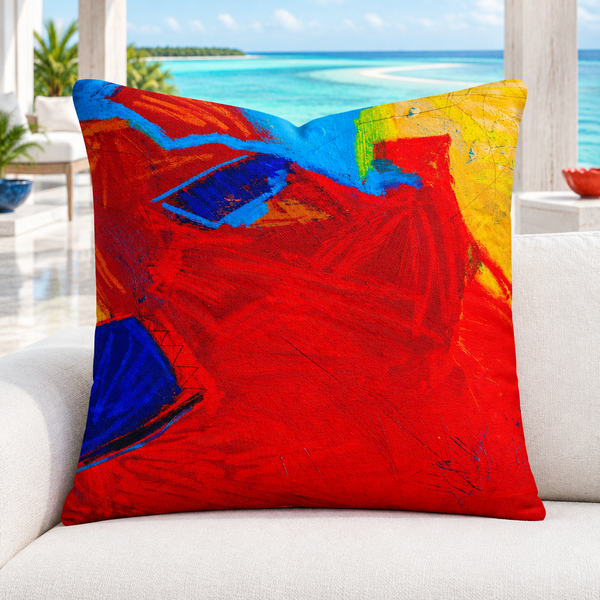 Close-up of the Emotions -2 pillow, upright and symmetrical in a bright white Turks and Caicos villa with marble floors and restrained colorful details