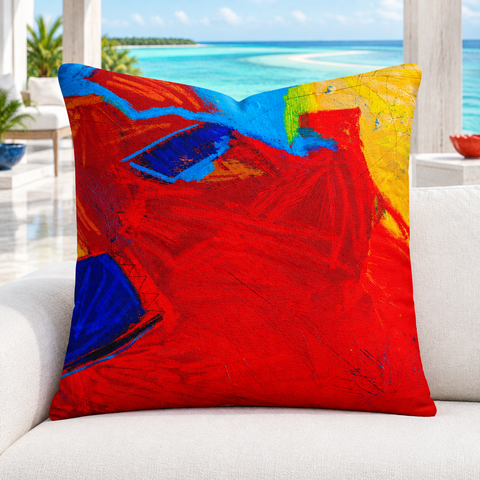 Close-up of the Emotions -2 pillow, upright and symmetrical in a bright white Turks and Caicos villa with marble floors and restrained colorful details