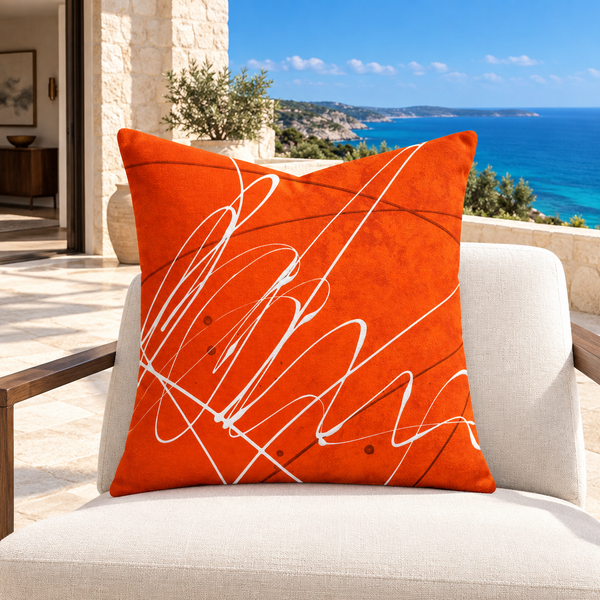 Vermillion pillow on luxury terrace with vivid blue sky and sea