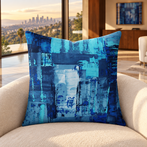 Blue 7 pillow upright in a warm Hollywood Hills mansion with distant matching art
