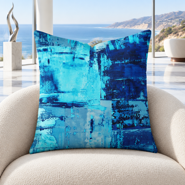 Blue 3 pillow upright in a bright gallery-like Malibu coastal residence