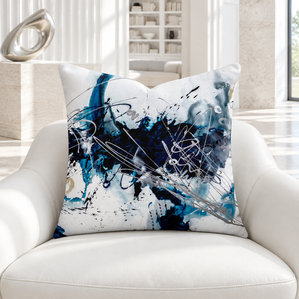 Nautical 2 A art pillow on a white chair in a cool bright collector room