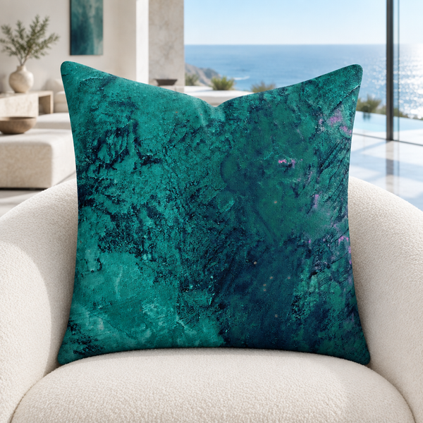 Teal pillow in a bright cool-white Malibu mansion with marble floors