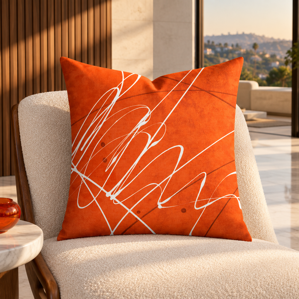 Vermillion pillow in a warm modern Hollywood Hills retreat with white marble flooring, walnut details and a hillside view