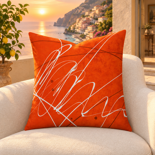 Vermillion pillow on Positano villa terrace at sunset