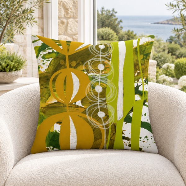 Chartreuse Yellow Ochre URL 3 pillow in white garden conservatory