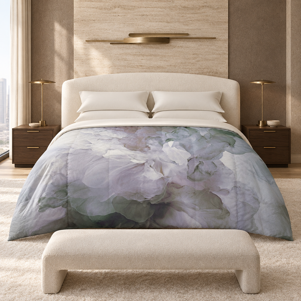 Spring Garden comforter in an ultra-luxury modern penthouse suite with an ivory curved headboard, taupe travertine, walnut tables, champagne-bronze lighting and horizontal sculpture, coordinated ivory bedding, plush rug, and bench