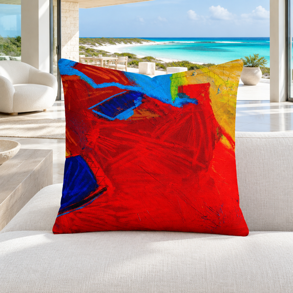Emotions -2 pillow upright in a cool-white modern Turks and Caicos beachfront villa with white marble floors