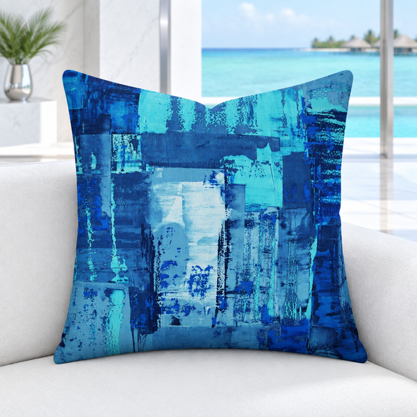 Blue 7 pillow upright in a bright modern Maldives marble resort