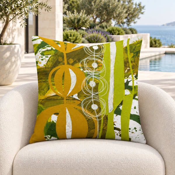 Chartreuse Yellow Ochre URL 3 pillow in white gallery villa