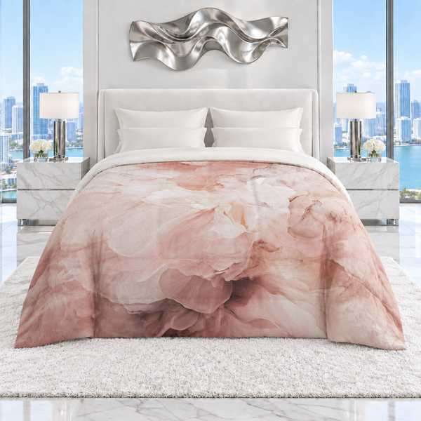 Soft Petals comforter in a crisp cool-white Miami penthouse with polished marble floors, city-view windows, chrome details, a horizontal silver wall sculpture, and a modern ivory headboard