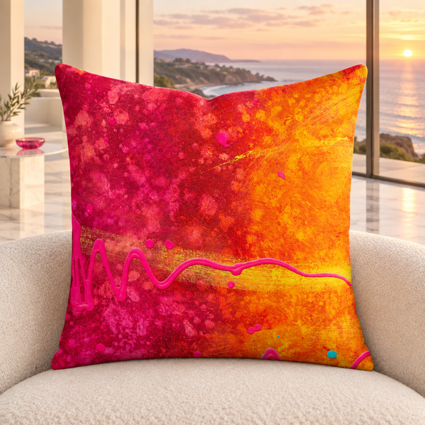 Summertime pink and orange 22-inch pillow in a bright modern Malibu home overlooking a natural Pacific sunset