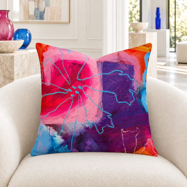 The Secret Garden 2 22-inch pillow close-up in white collector room with colorful glass