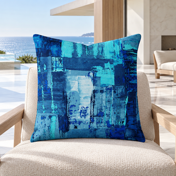 Blue 7 pillow upright in a bright modernist Malibu villa