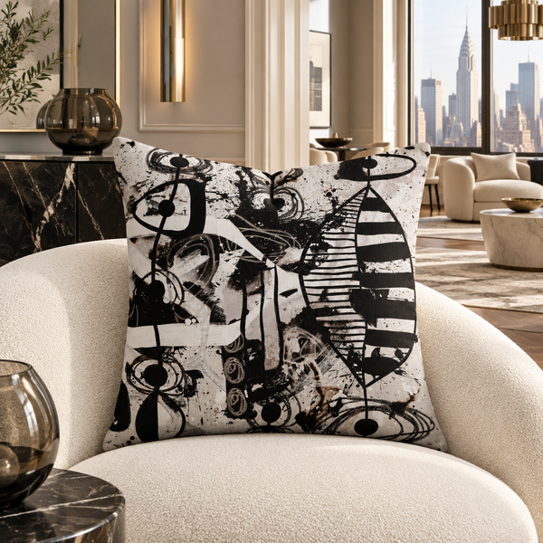 Modern Black White and Taupe 2bc 22-inch pillow in luxury Art Deco suite