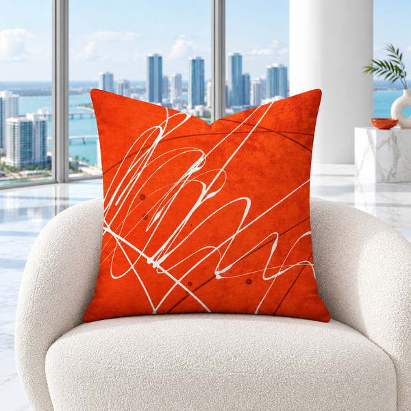 Vermillion 22-inch pillow upright in a modern bright-white Miami penthouse with marble floors and minimal print-matched accents