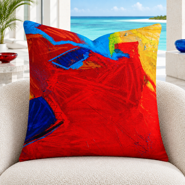 Close-up of the Emotions -2 pillow, upright and plush in a cool-white Turks and Caicos resort with white marble floors and subtle color accents