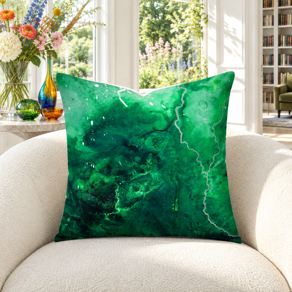 Green Energy 4 pillow in white sunroom with colorful flowers and glass