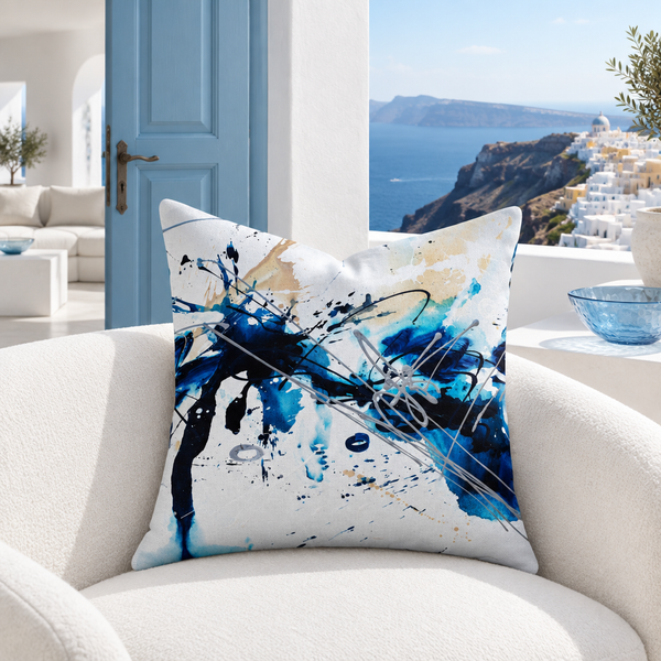 Nautical A pillow in Santorini suite with pale blue door and caldera view