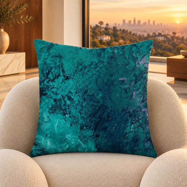 Teal pillow on a modern lounge chair in a warm Hollywood Hills home at sunset