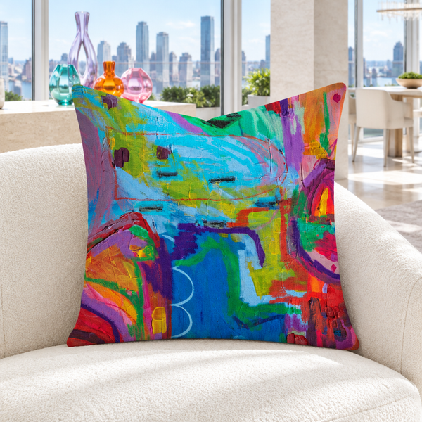Destination Happiness 2 pillow in white penthouse with colorful glass