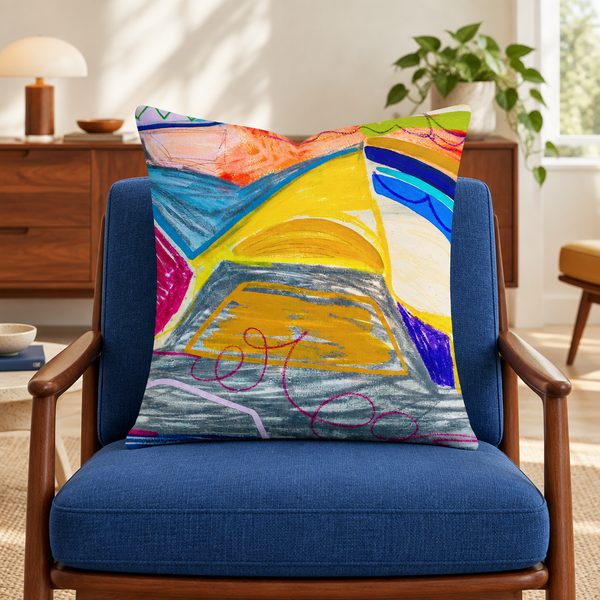 The A New Beginning 22-inch art pillow in a bright California mid-century lounge with teak furniture and restrained blue and ochre accents