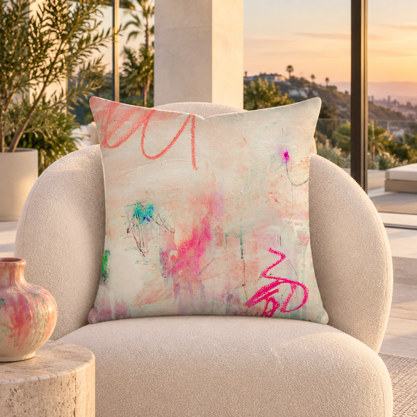 Tenderness pillow in creamy Hollywood Hills modern home at sunset
