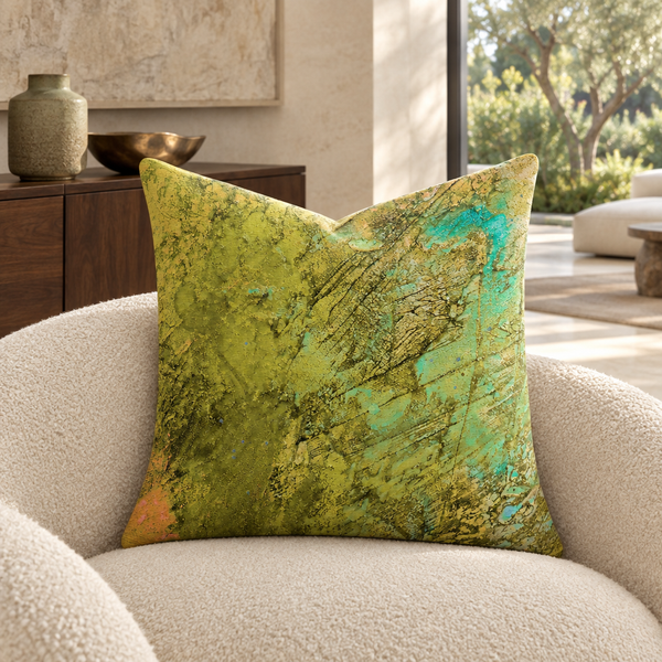 Earthy Colors 22-inch pillow in luxury limestone and walnut collector room