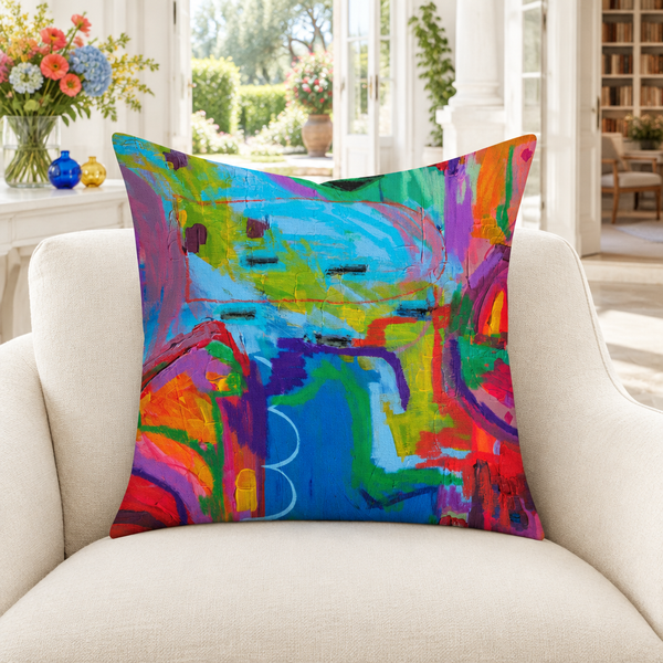 Destination Happiness 2 pillow in white garden villa with colorful flowers