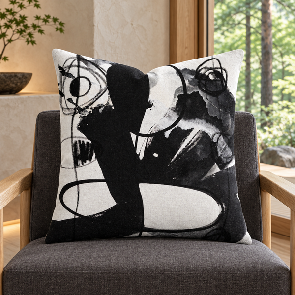 Modern Black White 2-4b-2 pillow in Japanese mountain retreat
