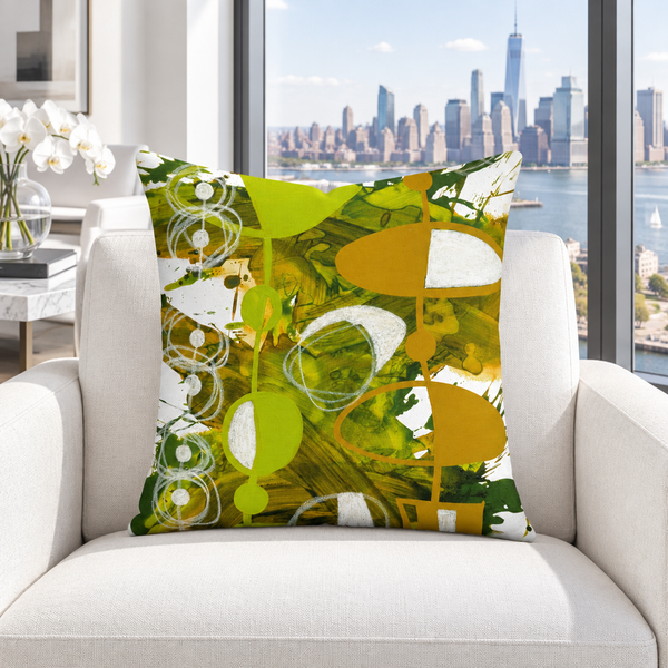 Chartreuse Yellow Ochre 3 pillow in cool-white Manhattan collector room