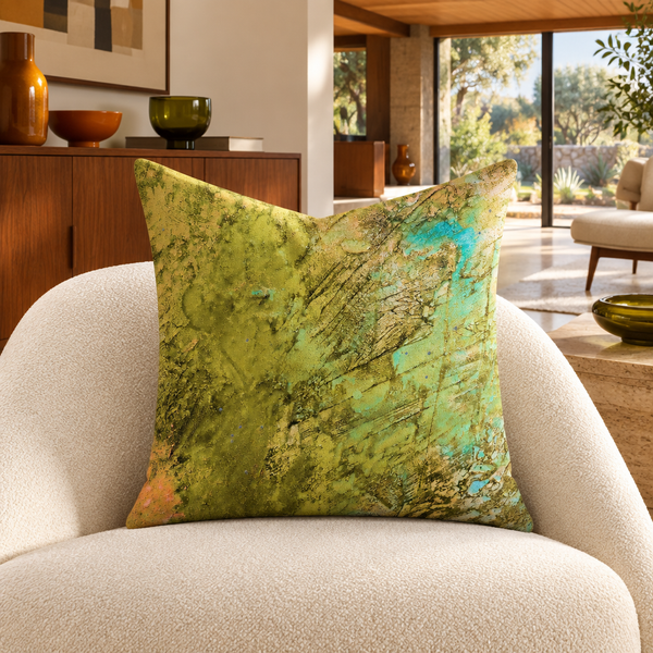 Earthy Colors 22-inch pillow in mid-century walnut collector room