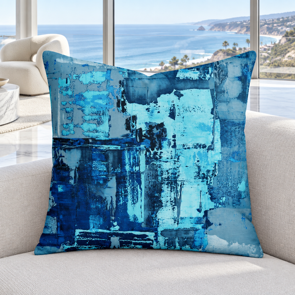 Blue 4 pillow upright in a bright Malibu oceanfront penthouse