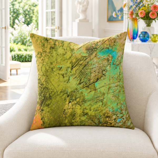 Earthy Colors pillow in white garden room with colorful flowers and glass