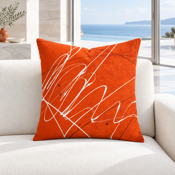 Vermillion 22-inch pillow upright in a cool-white modern resort suite with white marble floors and subtle artwork-matched details