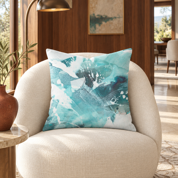 Aquatic Sea Glass Aqua art pillow in a warm walnut-paneled gallery room
