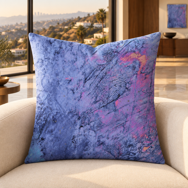 Sunrise pillow upright in a warm Hollywood Hills mansion with distant matching art