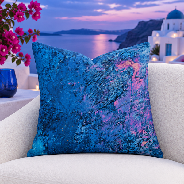 Beautiful Sky 22-inch pillow in Santorini at blue and pink twilight matching its artwork