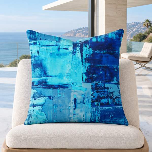 Blue 3 pillow upright in a cool-white Malibu modernist villa