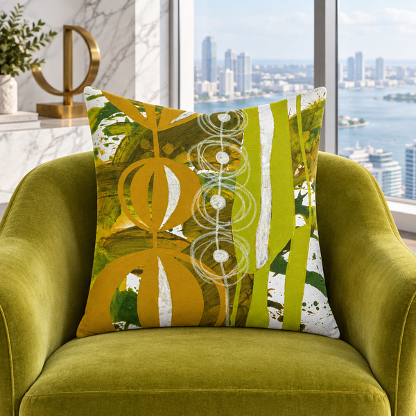 Chartreuse Yellow Ochre URL 3 pillow on chartreuse velvet chair