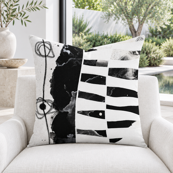 Modern Black White 2-1 pillow in white gallery courtyard villa